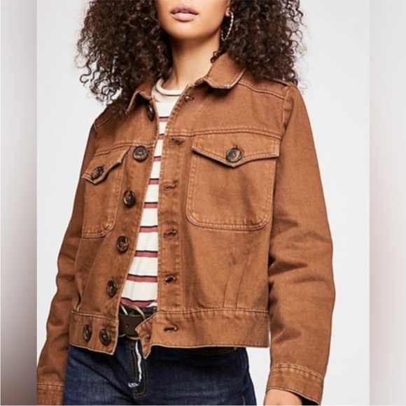 Free People brown Slouchy Denim Canvas crop jacket - Picture 2 of 10